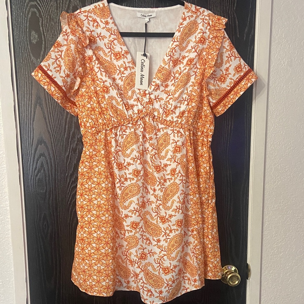 NWT CELINA MOON Orange and White Floral Mini Dress Size Large